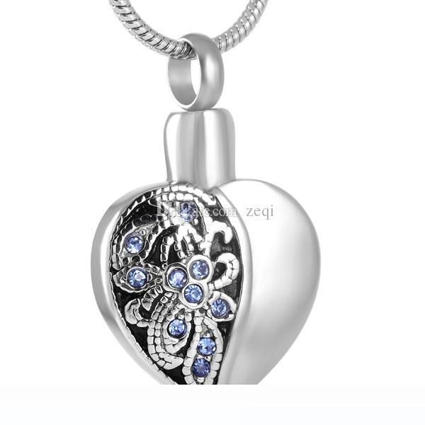 

heart stainless steel cremation pendant necklace crystal flower ashes keepsake urn memory necklace, Silver
