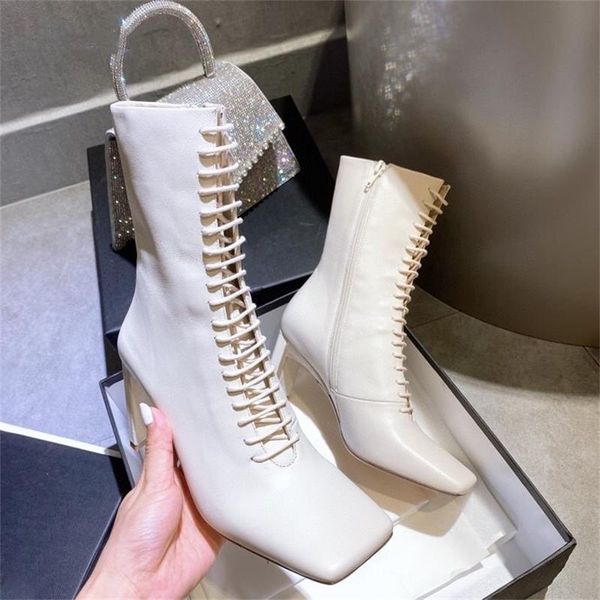 

women shoes autumn and winter square toe women boots genuine leather mid calf med heels boots zapatos de mujer, Black