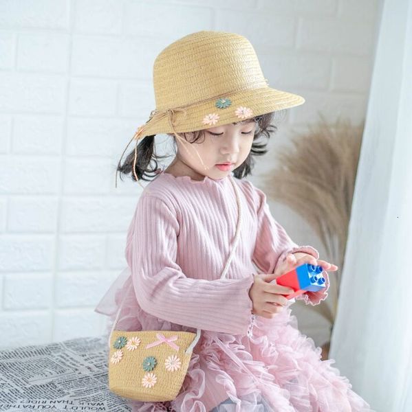 

summer child girls casual straw hat and bags sun hat kids baby floppy panama caps+handbags set for party holiday, Yellow
