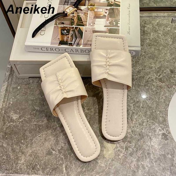 

aneikeh 2020 summer pu pleated soft flat shoes square head women slippers fashion outdoor ladies casual slides mules size 35-40, Black