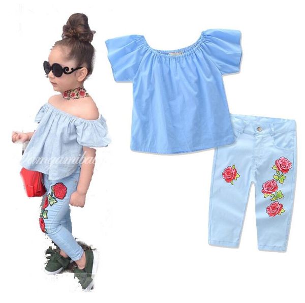 

new fashion children kids girl clothing set off shoulder blue t-shirt +rose flower jean denim pant 2pcs child clothes, White