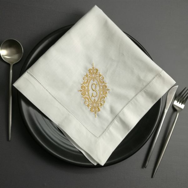 

set of 12 monogrammed dinner napkins 20*20-inch white linen hemstitch table napkins ladder embroidered initial s, Black;gray