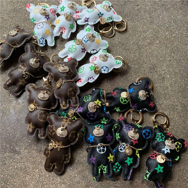 

star same style leather diamond-encrusted old flower bear key chain pendant car key pendant, Slivery;golden