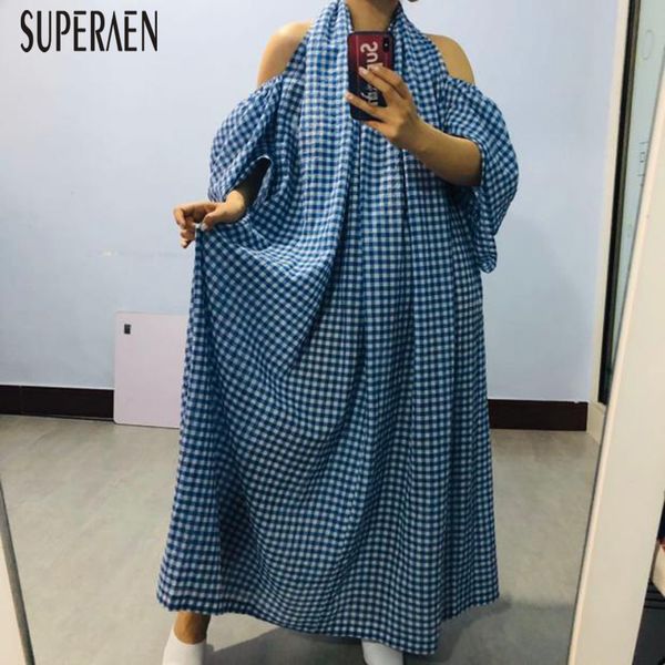 

superaen europe long dress women plaid off shoulder cotton casual ladies robe summer new 2020 fashion women clothing, Black;gray