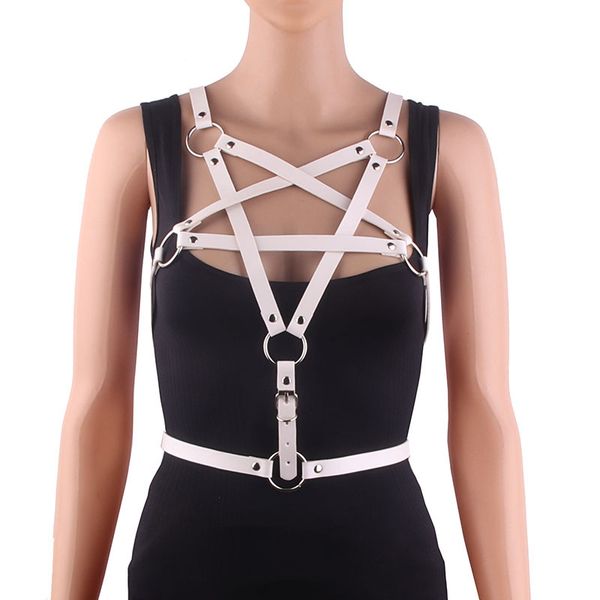 

punk woman pentagram style pu leather harness bra belt body bound cage bra gothic belts, Black;brown