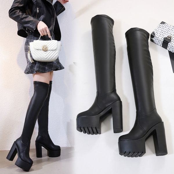 

15cm super high heel women boots long boots black high heels square heel over-the-knee elastic 38,39