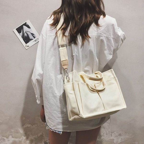 

south korea's new canvas bag ins female bag multi-pocket large-capacity handbag wild shoulder messenger