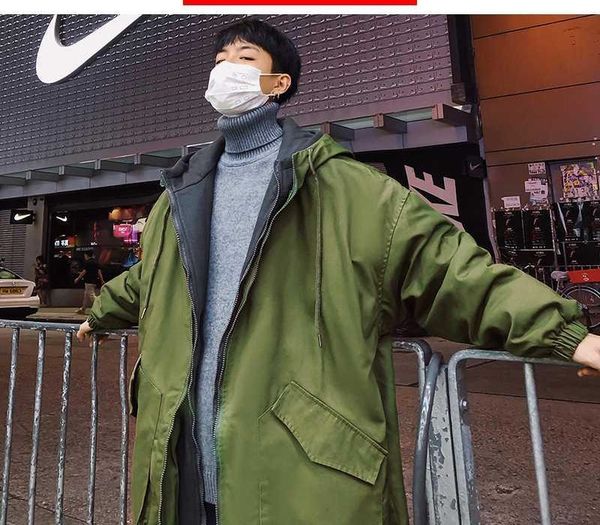 

men armygreen cargo parka 2020 mens fake two pieces winter hooded jackets coats male hip hop long coat windbreaker, Black