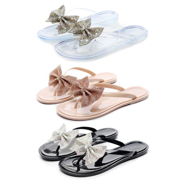 

women shiny rhinestone bowknot flip-flops jewelry sequins beach flat sandals flip flops, Black