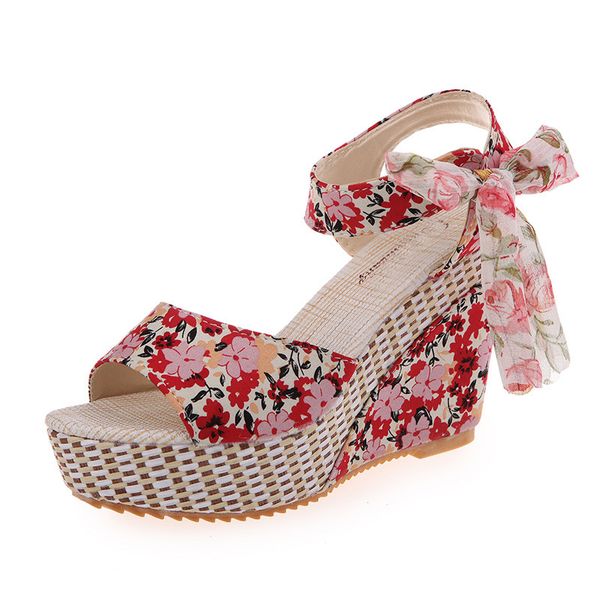 

fashion summer women wedges ankle strap open round toe ladies shoes female floral platform high heel riband sandals, Black