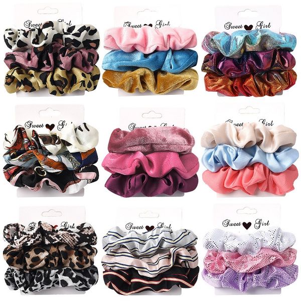 

3pcs vintage scrunchie velvet leopard scrunchies set elastic hair bands fashion headband ties rope hair accessories, Golden;silver