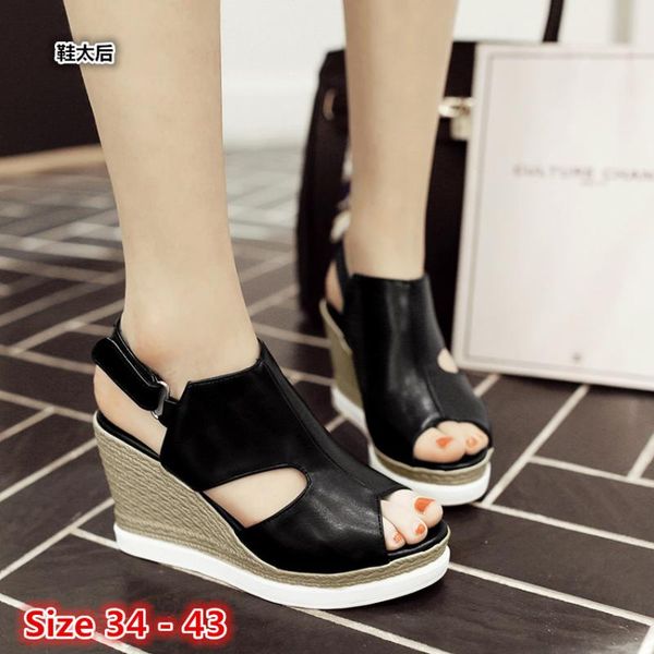 

high heel platform sandals female summer wedges women thick bottom shoes wedge open toe women's sandals big size 34 - 43, Black