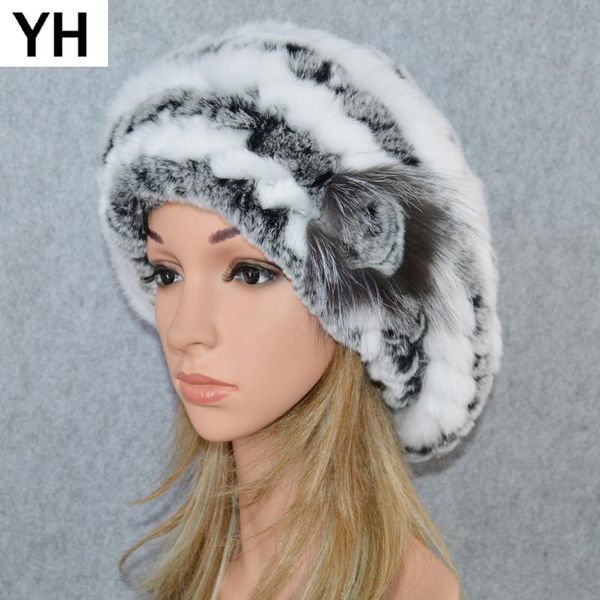 

casual women real 100% natural rex fur beret hats winter warm rex fur caps lady knitted elastic floral beanies cap, Blue;gray