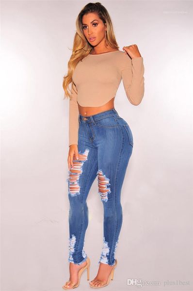 

washed hole jeans casual ripped high waist skinny girls slim blue womens trousers fashion designer women
