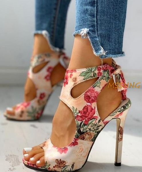 

new women summer thin high heels peep toe gladiator pumps sandals lace up super high heel women's print flower sandals big size, Black