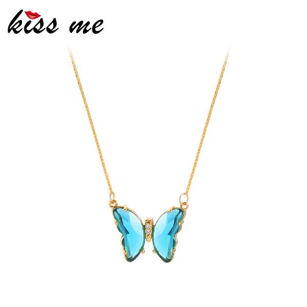 

kissme multicolored glass butterfly pendant necklace for women delicate zircon gold color brass chain necklace fashion jewelry, Silver