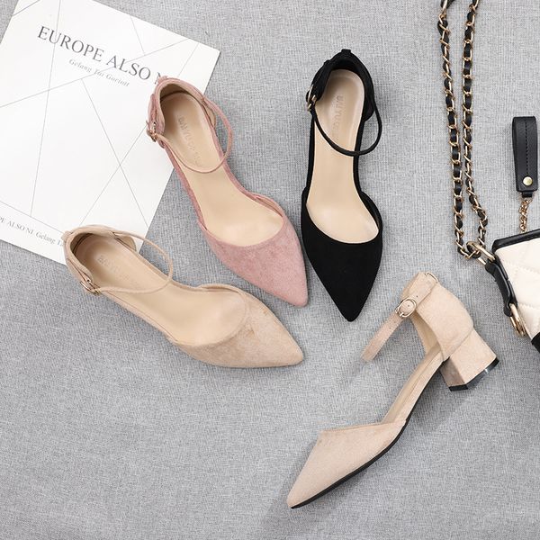 

pointed toe square heel sandals women shoes 2020 new summer girl fashion buckle flock leather casual ladies shoes g0025, Black