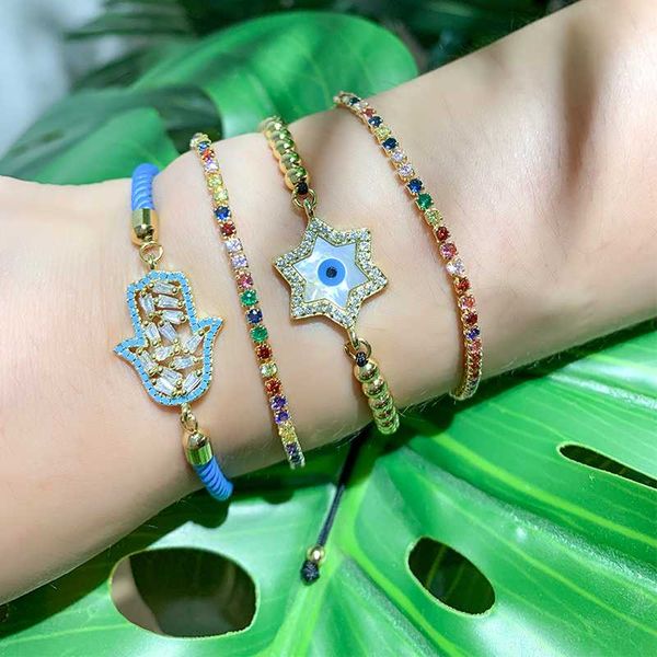 

new arrived delicate rainbow cz chain charm bracelet fashion gold copper inlaid zircon beaded palm bracelet for women jewelry, Black