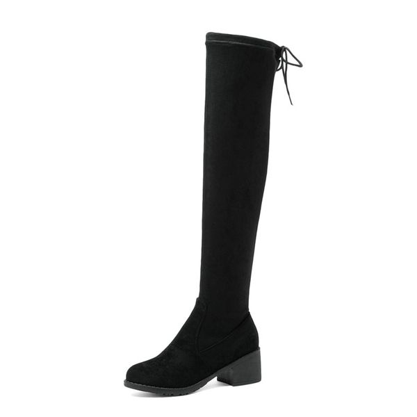 

2021 new flock round toe fashion over the knee high boots autumn winter square high heel elegant women shoes size 34-43, Black