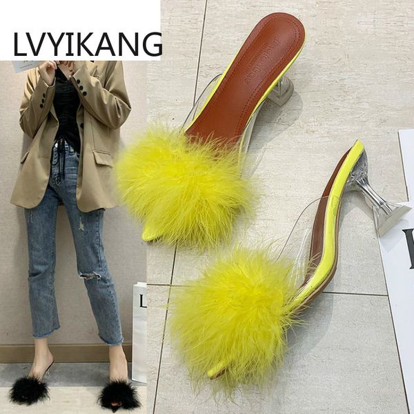 

summer woman pumps pvc transparent feather perspex crystal high heels fur peep toe mules sandals ladies slides shoes, Black