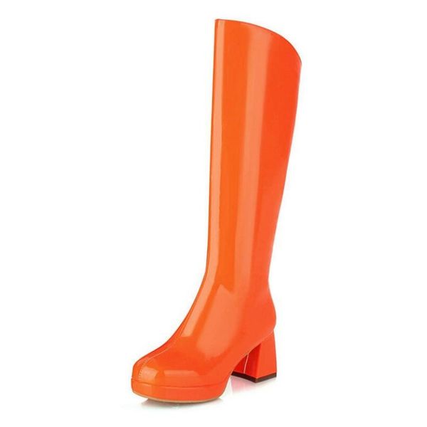 

women's high-boots candy color patent leather square toe thick-heeled knight boots knee-length pole dance women shoes, Black