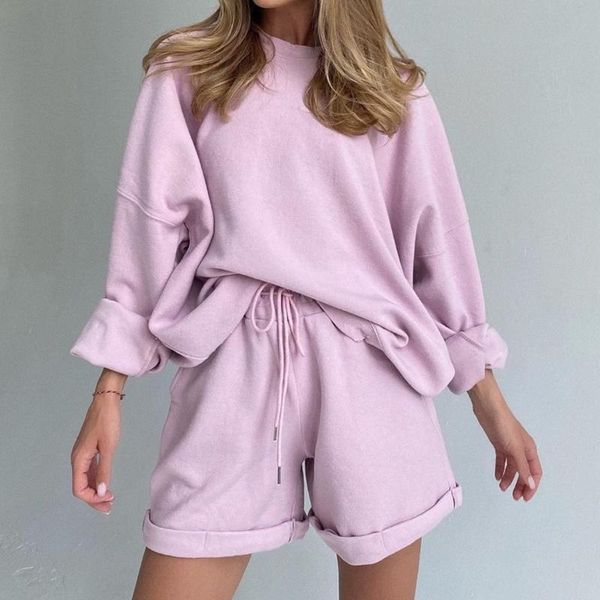 

2020 women set home solid long sleeve shirt and shorts white outfits casual suit loose two piece sets, White;black