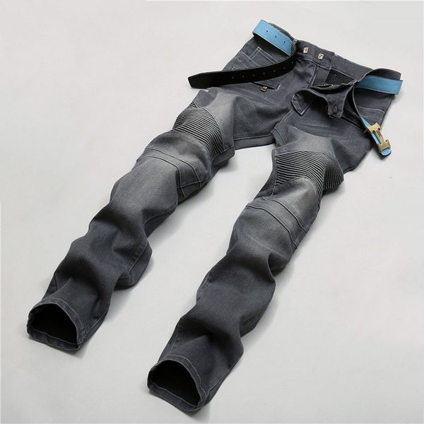 

aboorun men's biker jeans fashion patchwork motor jeans plus size 42 brand designer for male r1214, Blue