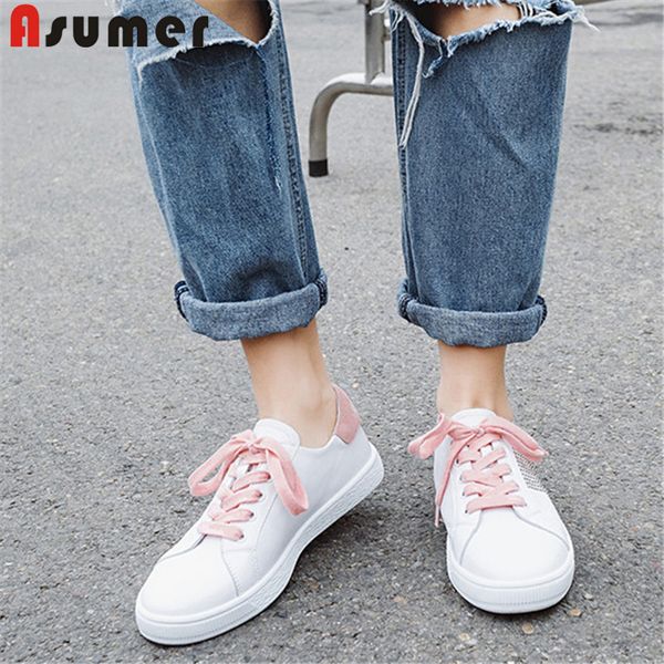 

asumer small white shoes 2020 new arrive genuine leather footwear round toe lace up spring summer comfortable flat shoes ladies, Black