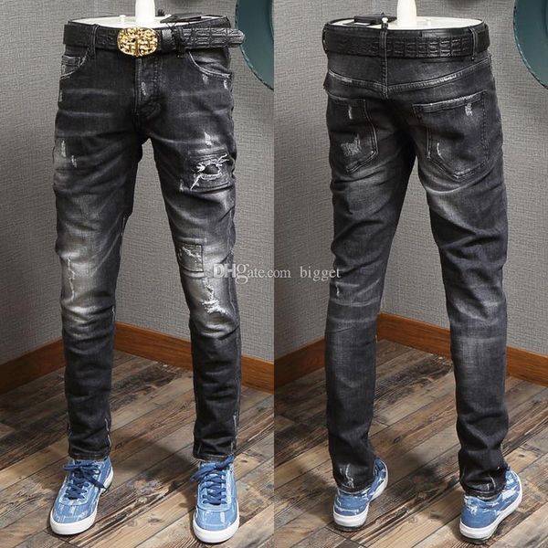 

boy black wash distressed jeans twist fit design denim pants slim fitness cowboy man, Blue