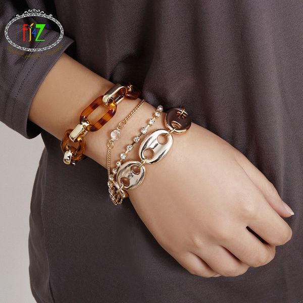 

f.j4z new hit-hop women bracelet fashion leopard resin alloy linked chain charm bracelets sets rhinestone hand jewelry dropship, Black