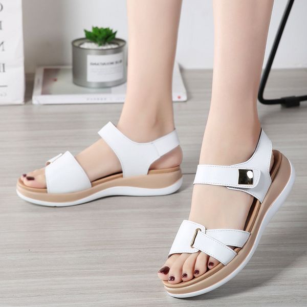 

lat sandals genuine leather women shoes gladiator open toe buckle soft sandals female casual women's flat platform beach shoes, Black