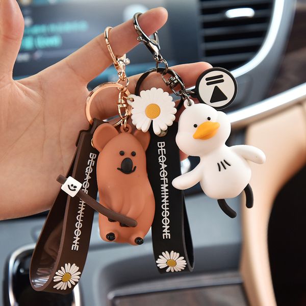 

cute cartoon duck crayon shinchan figure doll keyrings for women bag charms pendant car key holder decorative accessories, Silver