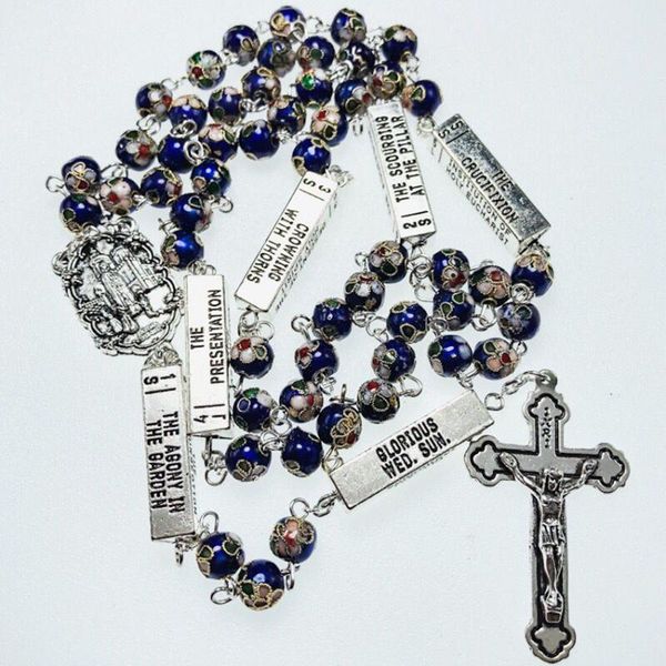 

blue color 8mm cloisonne rosary necklace catholic rosary with five miseries fatima centerpiece, Silver