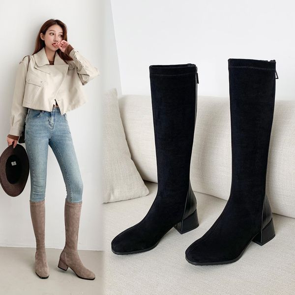

2021 stretch women's boots fashion knee high boots faux suede high heels autumn winter plush woman shoes size 34-43 black