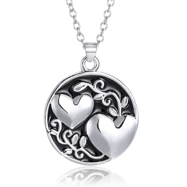 

vintage double heart love pendant necklace engraved sister matching circle tree necklace two-sides pendant love family gifts, Silver
