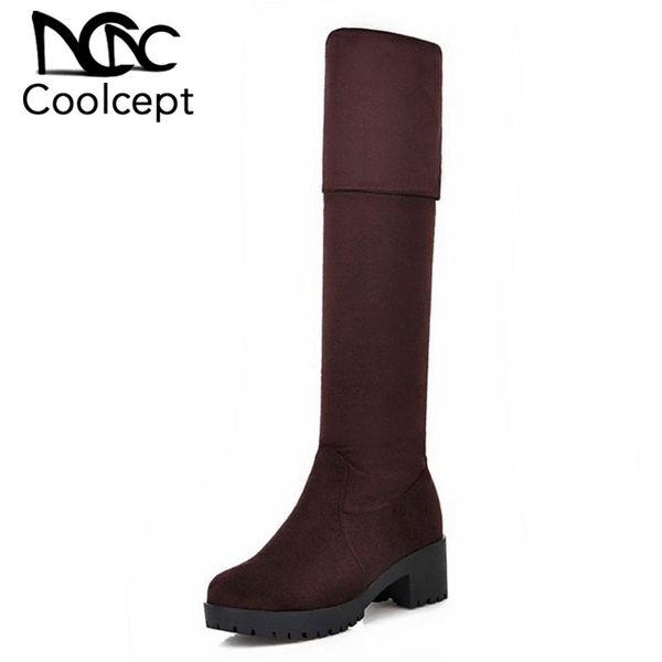 

coolcept 4 colors woman high heel boots fur warm woman's shoes thigh high boots fashion simple long woman size 34-42, Black