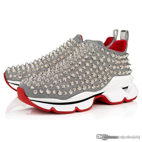 

luxury designer casual shoes red bottom spike sock red sole flats with krystal spikes, 30mm black white donna flats women men sneakers