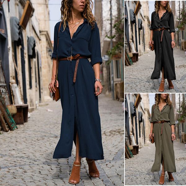 

ladies casual long dress 2020 new office work elegant dress lapel button bohemian elegant party club ladies, Black;gray