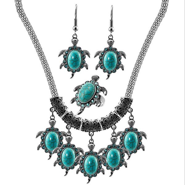 

5 set tortoise shape green turquoise stone pendant animal necklace drop earrings silver plated jewelry set