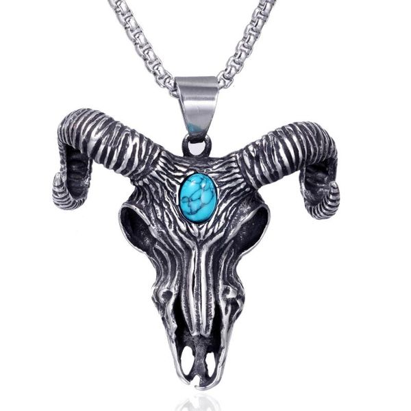 

stainless steel turquoises stone sheep head skull pendant necklace vintage punk rock skeleton necklaces jewelry gift with chain, Silver