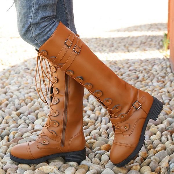 

boots lucyever 2021 cross strap rivet knee high women vintage double buckle long botas woman mid heel plus size footwear, Black
