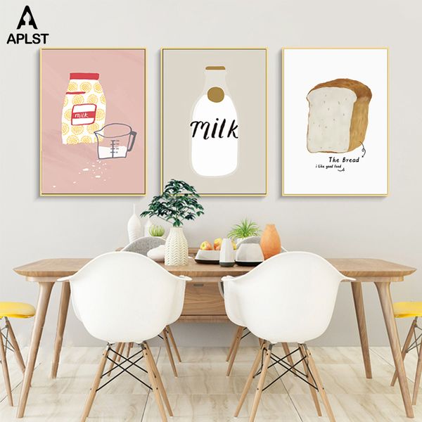 

cartoon cute bread milk dining room kitchen print paintings on canvas food nordic pictures wall art kids room posters home decor