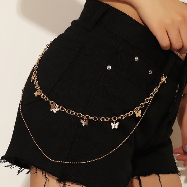 

2020 gold color punk multi layer butterfly belt waist chain pants chain hook keychain jewelry, Silver