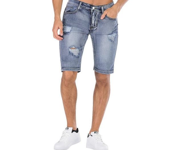 

kimsere men summer ripped short jeans vintage destroyed denim shorts with hoels washed stretch hi streetwear plus size 28-42, Blue