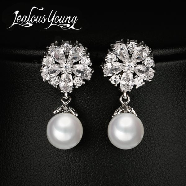 

dangle & chandelier elegant round imitation pearl earrings hang snowflake flower cubic zirconia drop for women fashion bridal earings ae414, Silver