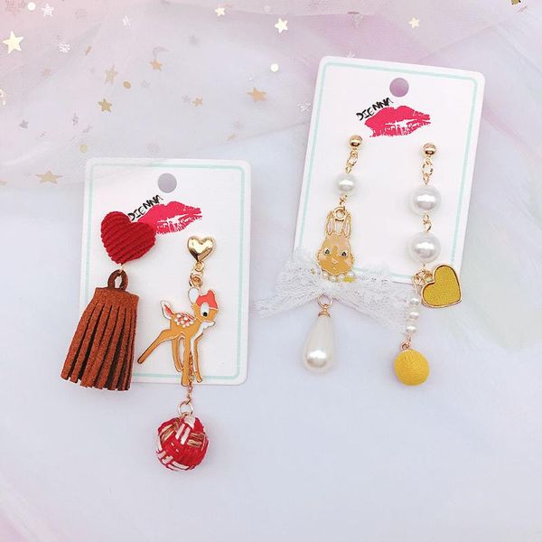 

dangle & chandelier japan's style lace bow knot earrings heart charm deer cute cartoon anime asymmetric earring, Silver