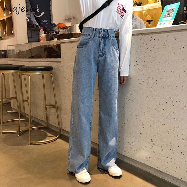 

jeans women denim long wide leg elegant trousers harajuku simple student korean style all-match casual chic fashion daily new, Blue