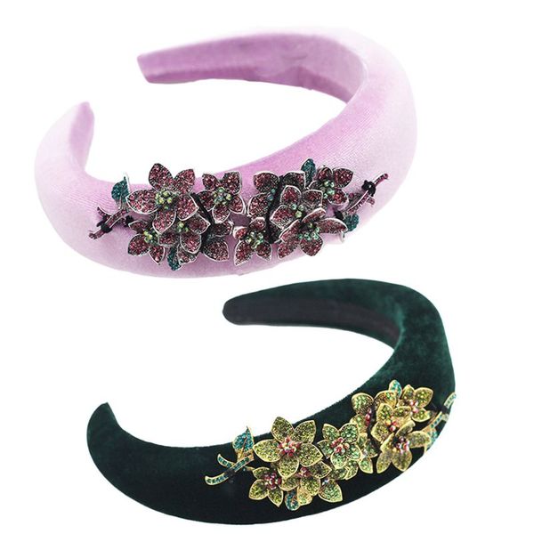

european vintage sponge velvet headband tiara 3d rhinestone metal flower ornament hair hoop banquet party women personality head