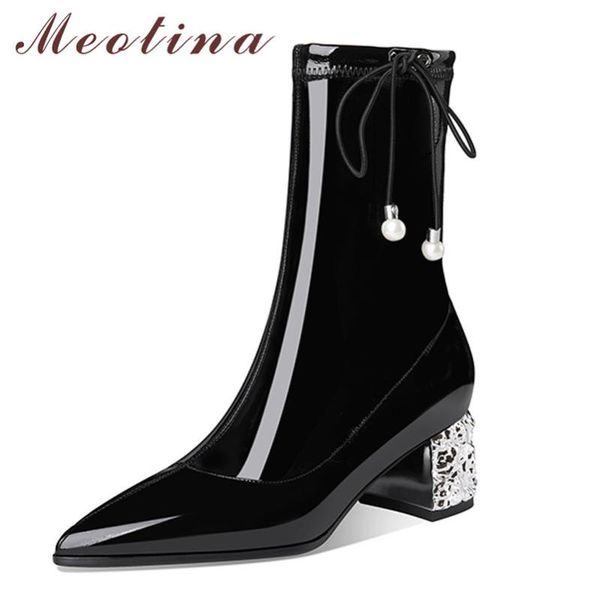 

boots meotina pearl high heel mid-calf women shoes pointed toe thick heels lace up ladies short autumn black big size 40