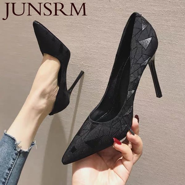 

dress shoes junsrm lady mosaic red stiletto heels 7cm 9cm fashion women shallow pointed toe high heel pumps party wedding tacones, Black